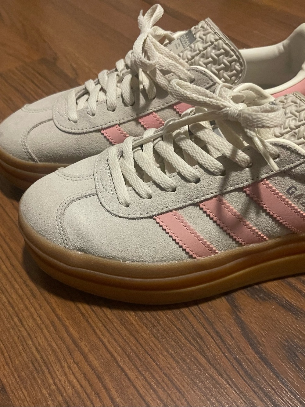 adidas Women’s Suede Platform Sneakers - White with Pink Stripes and Gum Sole